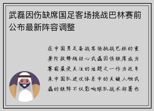 武磊因伤缺席国足客场挑战巴林赛前公布最新阵容调整