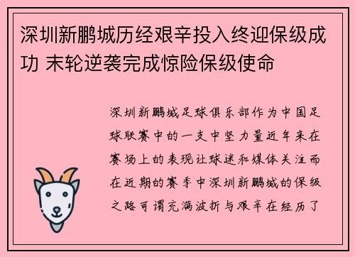 深圳新鹏城历经艰辛投入终迎保级成功 末轮逆袭完成惊险保级使命